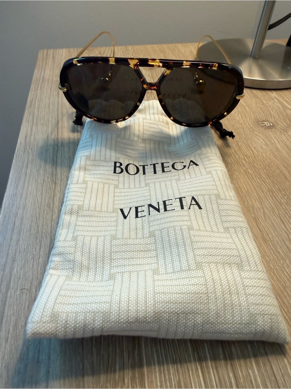 Bottega Veneta Drop Tortoiseshell Aviator Sunglasses with Gold Temples